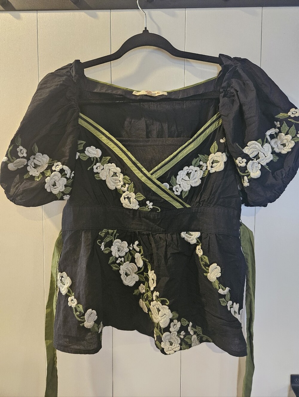 Aryeh Black Peasant Top with White Floral Embroidery and Green Trim